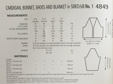 Load image into Gallery viewer,  Sirdar  DK knitting pattern 4849 - Cardigan/Bonnet/Shoes/Blanket - 16-22 ins