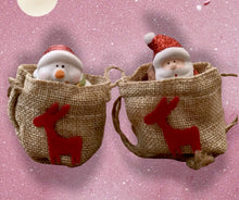 Load image into Gallery viewer, Set of 2 Christmas Trinkets In Hessian Sacks Santa & Snowman Small Ornaments #1