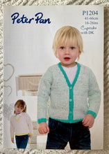 Load image into Gallery viewer, Peter Pan DK knitting pattern P1204 Cardigan &amp; Sweater 16-26ins
