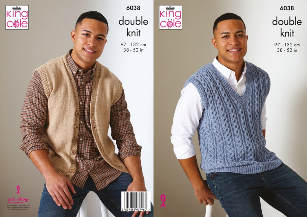 King Cole DK knitting pattern 6038 -  Waistcoat & Sweater Vest - 38-52 ins