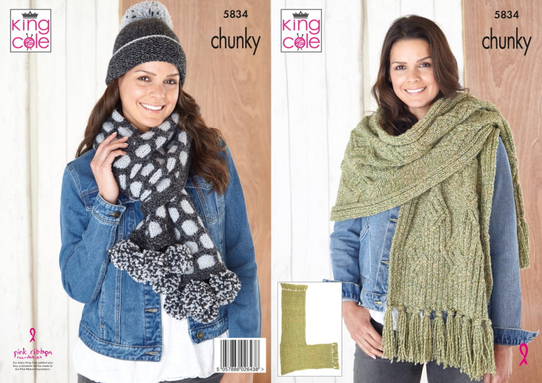 King Cole Chunky Knitting pattern 5834 - Hats, Scarf, Wrap in Poplar Chunky