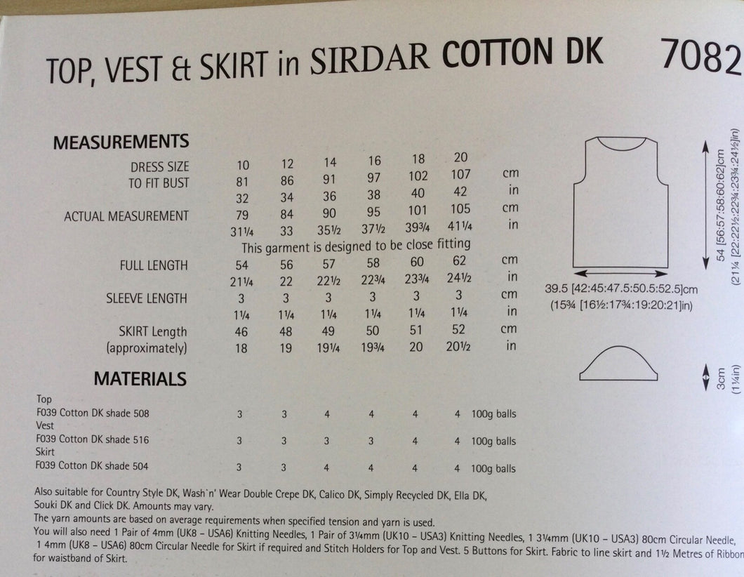 Sirdar DK knitting pattern 7082 - Ladies Top Vest & Skirt in Cotton DK 32-42ins