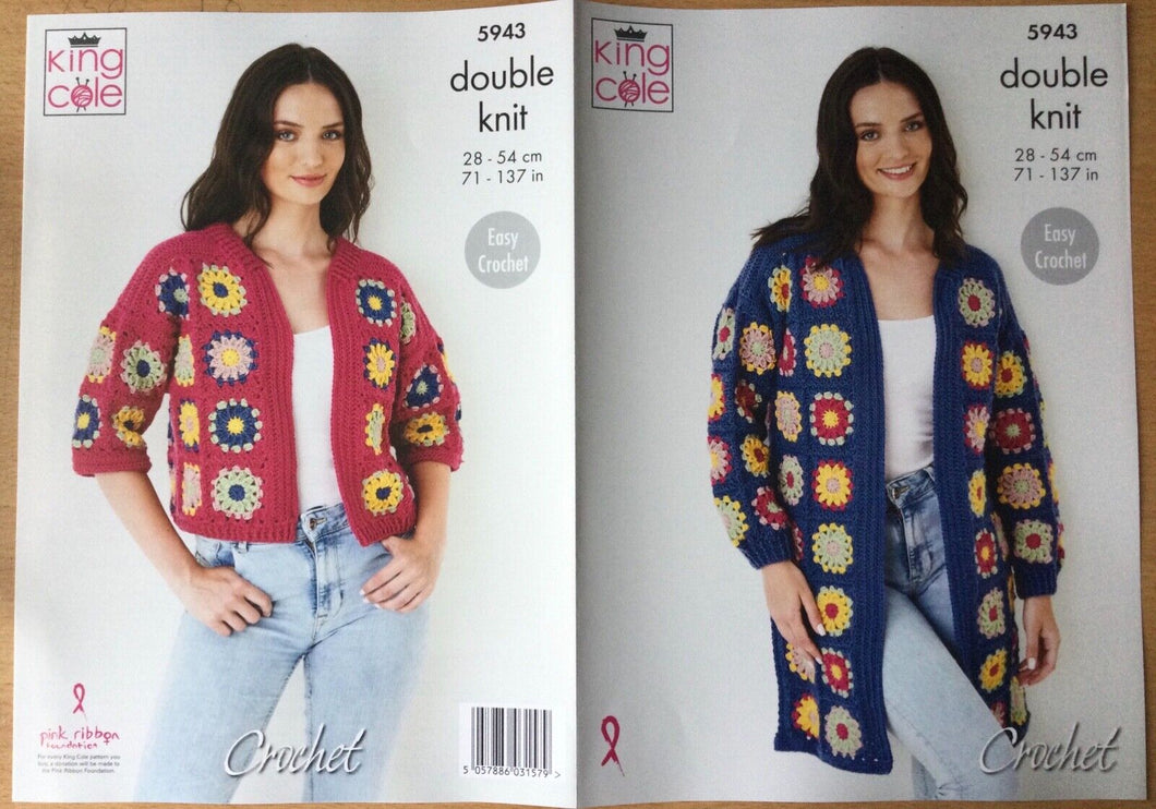 King Cole DK crochet pattern 5943 - Cardigans - 28-54ins - Easy Crochet