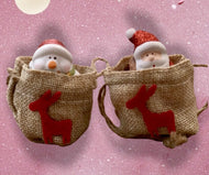 Set of 2 Christmas Trinkets In Hessian Sacks Santa & Snowman Small Ornaments #1