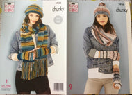 King Cole Chunky Knitting pattern 5936 Safari- Hats, Scarf, Snood, Wrist Warmers