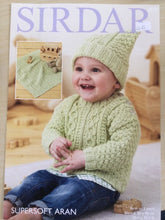 Load image into Gallery viewer, Sirdar Aran Knitting Pattern 4829 Baby’s Sweater Hat &amp; Blanket 16-20 ins
