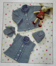 Load image into Gallery viewer, James C Brett DK Knitting Pattern JB082 - Cardigan Waistcoat Hat Mitts 12-20 ins

