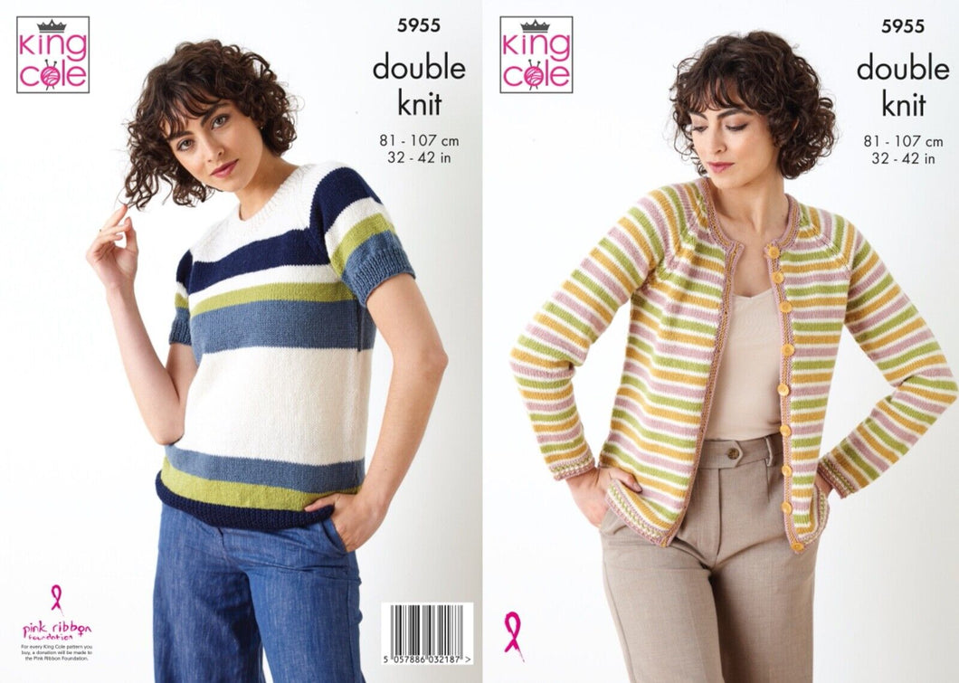 King Cole DK Knitting pattern 5955 Sweater & Cardigan 32-42 ins