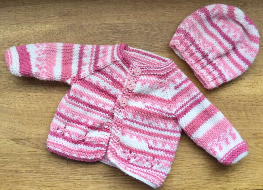 Hand knitted newborn baby Cardigan & hat – pink & white