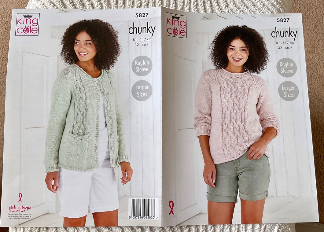 King Cole Chunky Knitting Pattern 5827 Ladies Sweater & Cardigan 32-46 ins