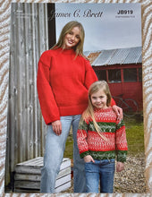 Load image into Gallery viewer, James C Brett Aran knitting pattern JB919 Child’s &amp; Ladies Sweaters 20-50 ins
