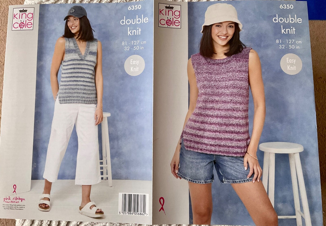 King Cole DK Knitting pattern 6350 Ladies Round & V Neck Tops 32-50 ins
