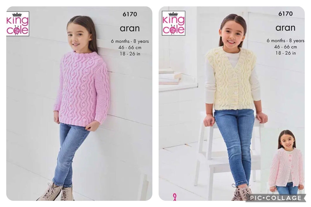 King Cole Aran Knitting pattern 6170 Childs Sweater Cardigan Waistcoat 18-26 ins