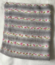 Load image into Gallery viewer, Handmade Knitted Baby Blanket - Grey/White with Pink/Green  - 27” x 33” approx.
