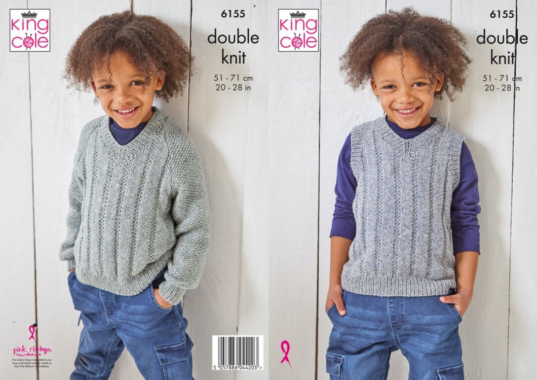 King Cole DK Knitting pattern 6155 Childs Sweater & Slipover 20-28ins