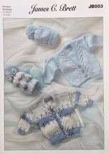 Load image into Gallery viewer, James C Brett DK  knitting pattern JB003 Babies Cardigans &amp; Hat 12-22 ins
