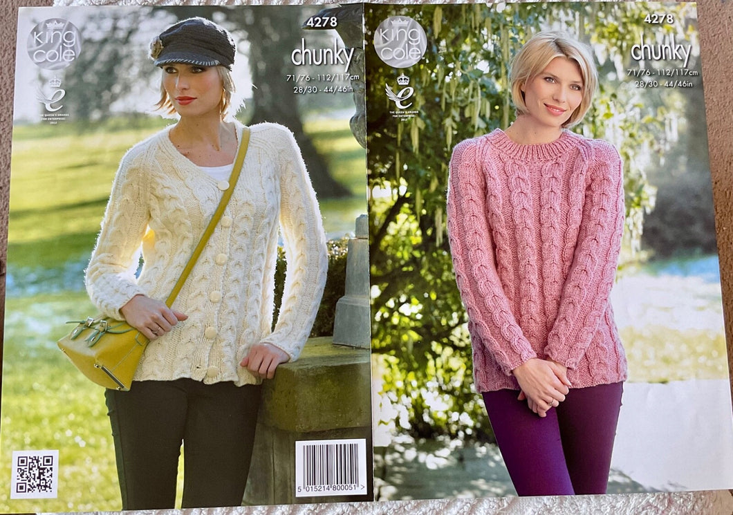 King Cole  Chunky Knitting Pattern 4278 - Cabled Sweater & Cardigan - 28-46 ins