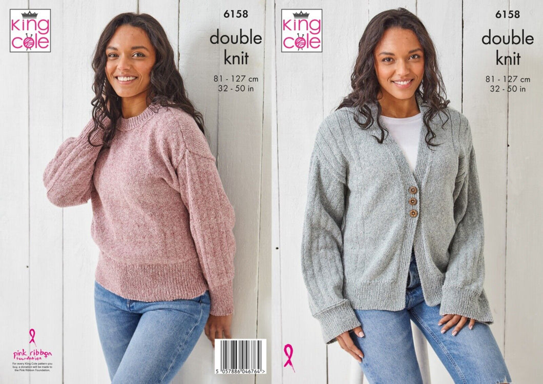 King Cole DK Knitting pattern 6158 Ladies Sweater & Cardigan 32-50ins