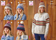 King Cole Aran Knitting pattern 5868 Sweater & Hats 30-46 in