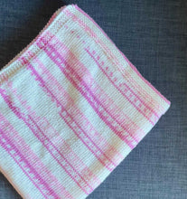 Load image into Gallery viewer, Hand knitted baby blanket pink/white 26”x27” approx

