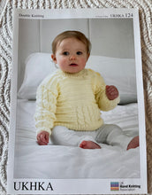 Load image into Gallery viewer, UKHKA DK knitting pattern 124 - Babies Cardigans &amp; Sweater 12-20ins
