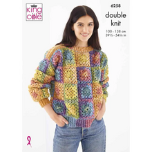Load image into Gallery viewer, King Cole DK Crochet pattern 6258 Granny Square Cardigan &amp; Jumper 39.5-54.25 ins
