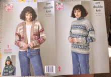 Load image into Gallery viewer, King Cole DK knitting pattern 5899 - Cardigan, Sweater, Scarf and Hat - 32-42 in
