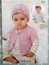 Load image into Gallery viewer,  Sirdar Snuggly 4ply Crochet pattern 1900 - Cardigans &amp; Hat Birth-7 years
