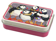 Mini Rectangular Hinged Tin - Knitting Puffins by Emma Ball