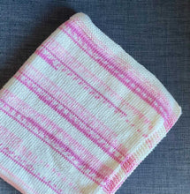 Load image into Gallery viewer, Hand knitted baby blanket pink/white 26”x27” approx
